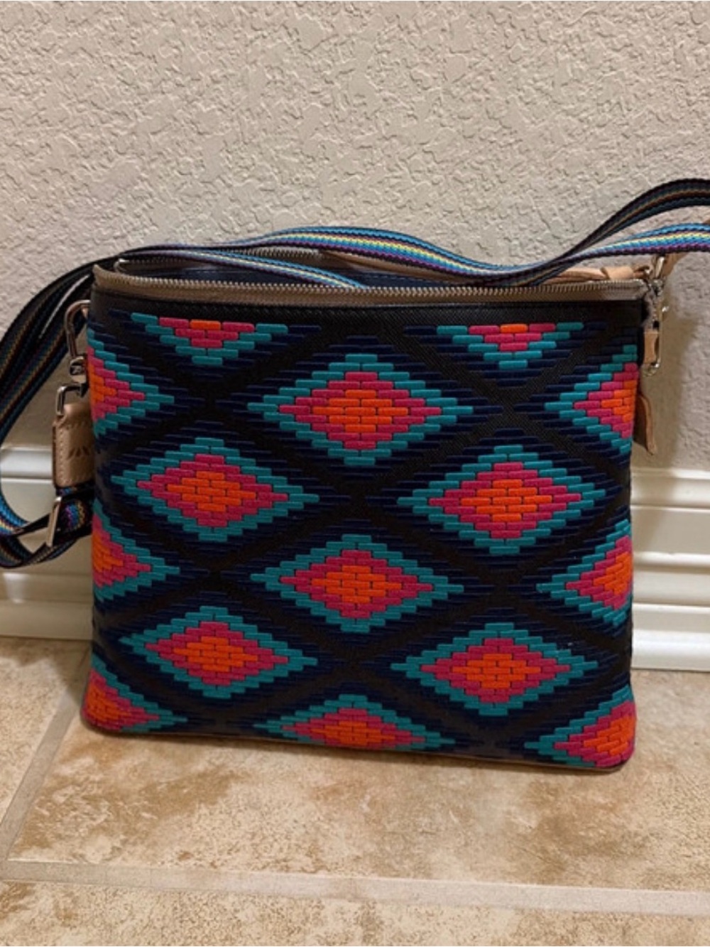 Consuela Downtown Crossbody Woven Diamond Pattern — Navy with Red & Teal
